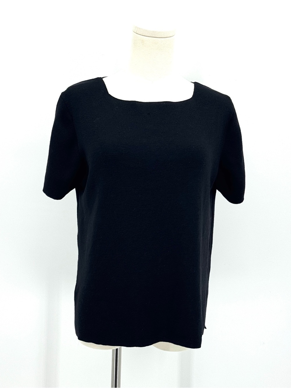 Eileen Fisher Classic Black Short-Sleeve Women's Wool Knit Boxy Top